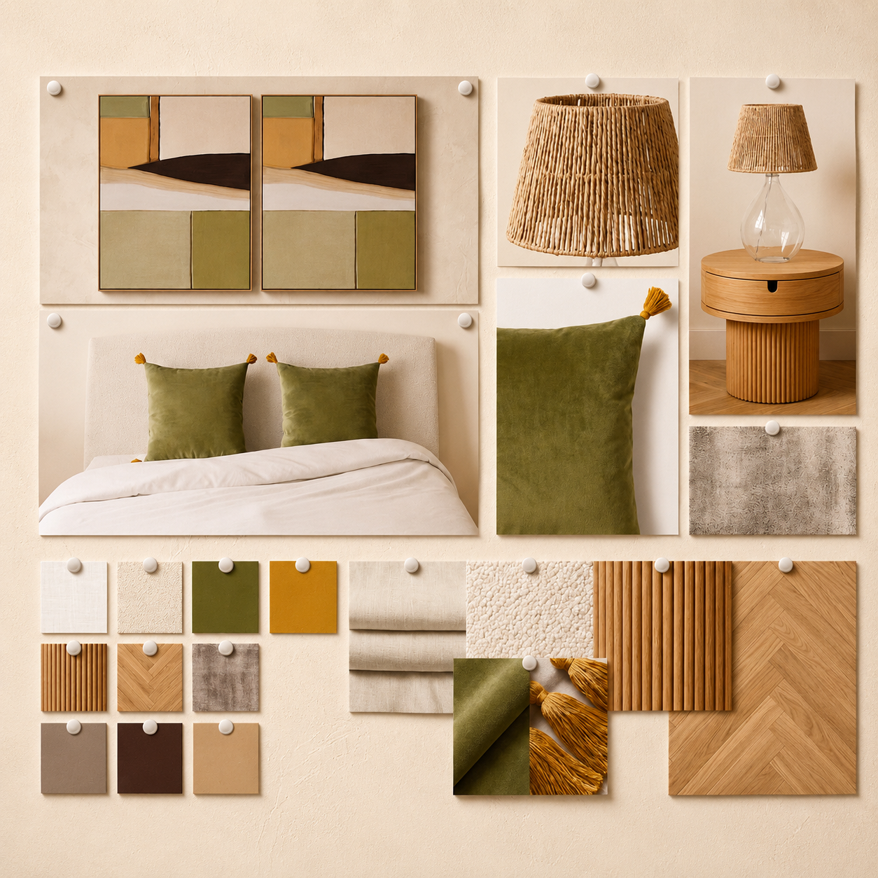 Planche d'ambiance — matières, bois et tons terracotta et vert olive