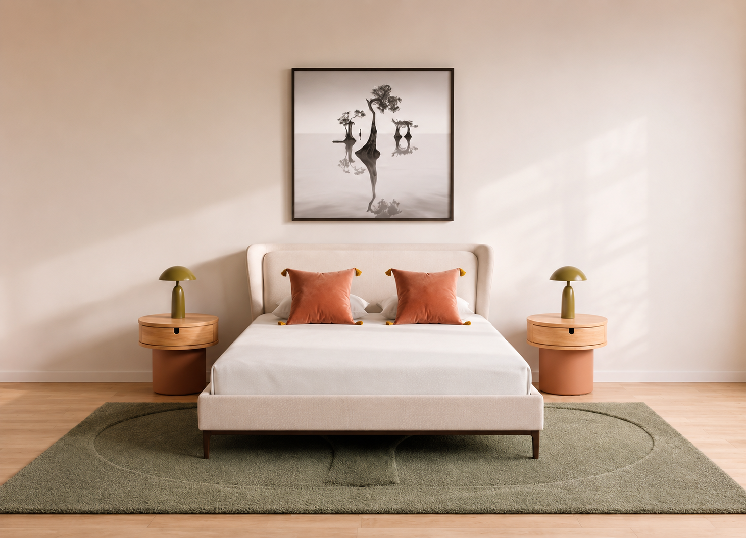 Chambre principale — assises cannées et tables en bois, projet Ovelia